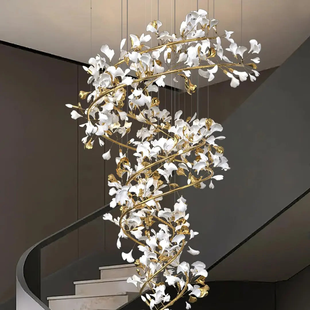 Lustre Dorée Métal Et Céramique Florale - Maison Lumina