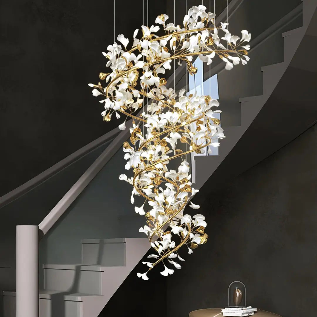 Lustre Dorée Métal Et Céramique Florale - Maison Lumina