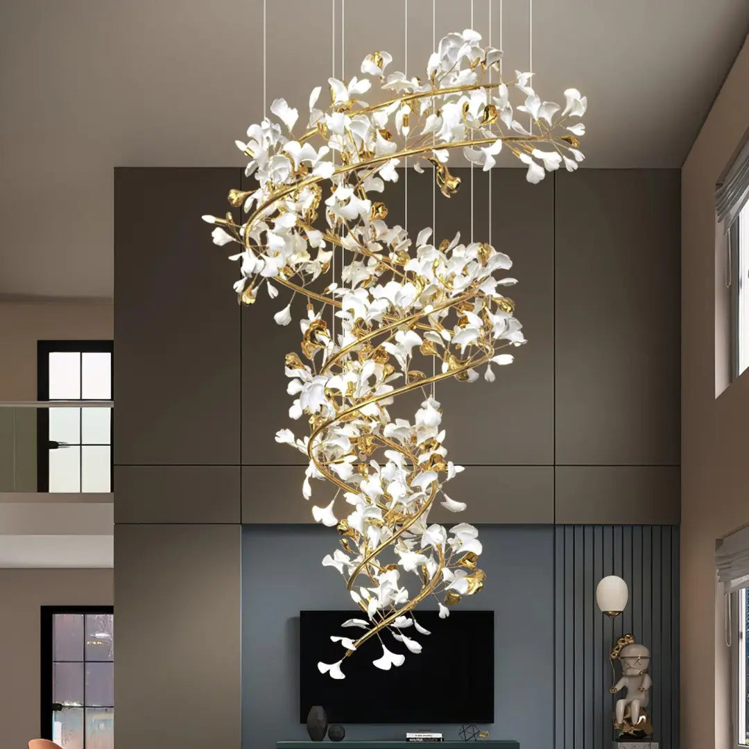 Lustre Dorée Métal Et Céramique Florale - Maison Lumina