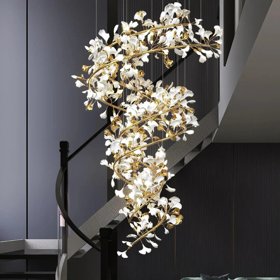 Lustre Dorée Métal Et Céramique Florale - Maison Lumina