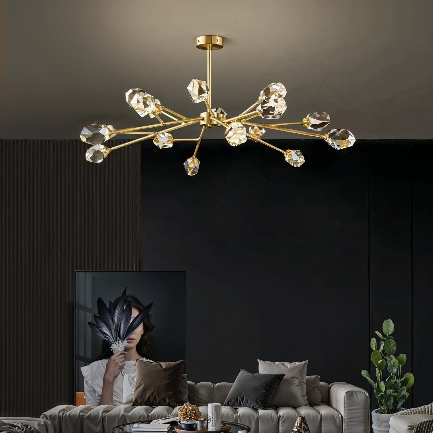 Lustre moderne doré à cristaux