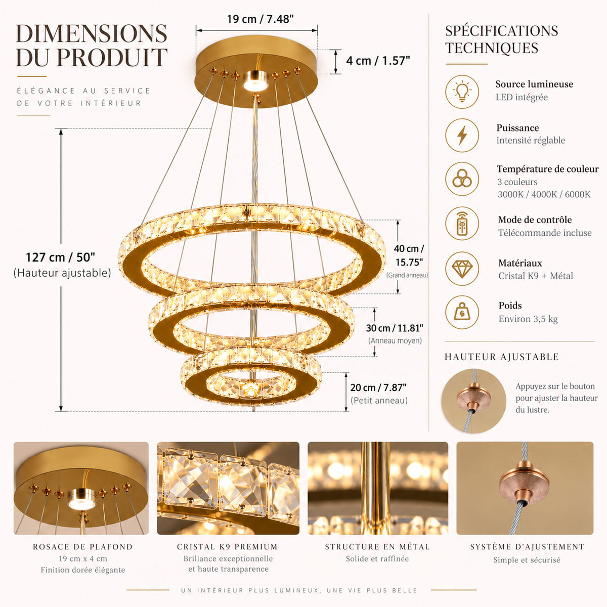 Orion — Suspension à anneaux de cristal