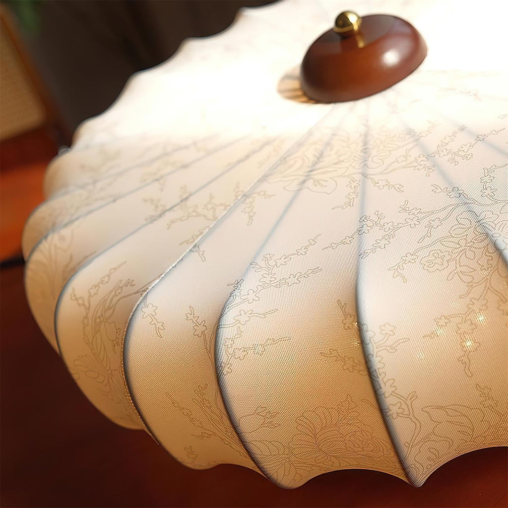 Plafonnier Tissu Ombre Plissé Lotus Forme Bois Baldaquin - Neutralighting
