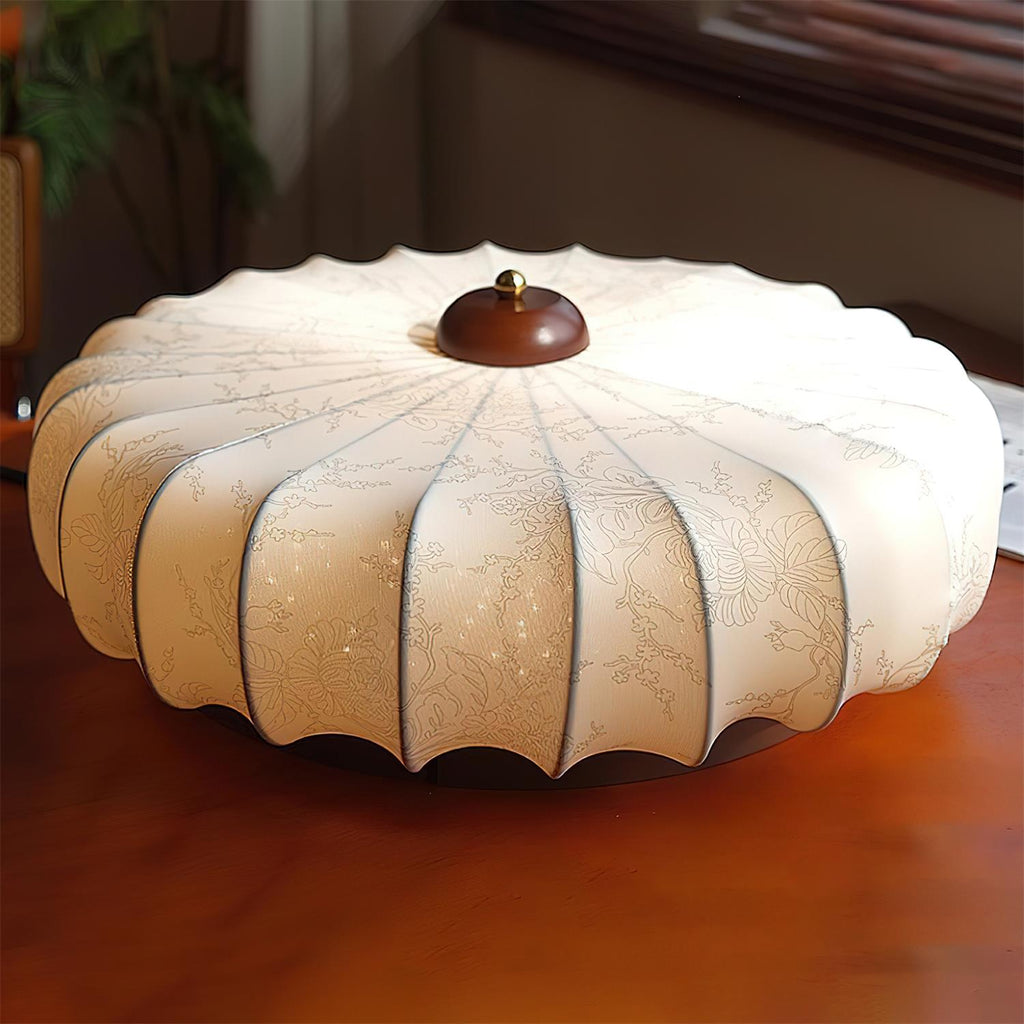 Plafonnier Tissu Ombre Plissé Lotus Forme Bois Baldaquin - Neutralighting