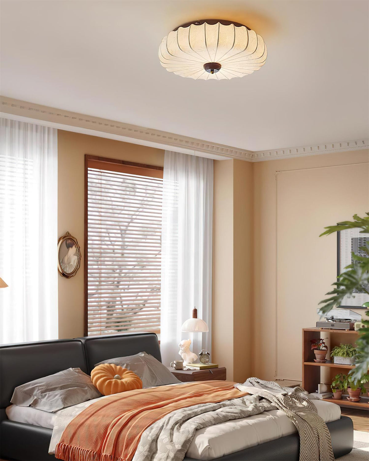 Plafonnier Tissu Ombre Plissé Lotus Forme Bois Baldaquin - Neutralighting