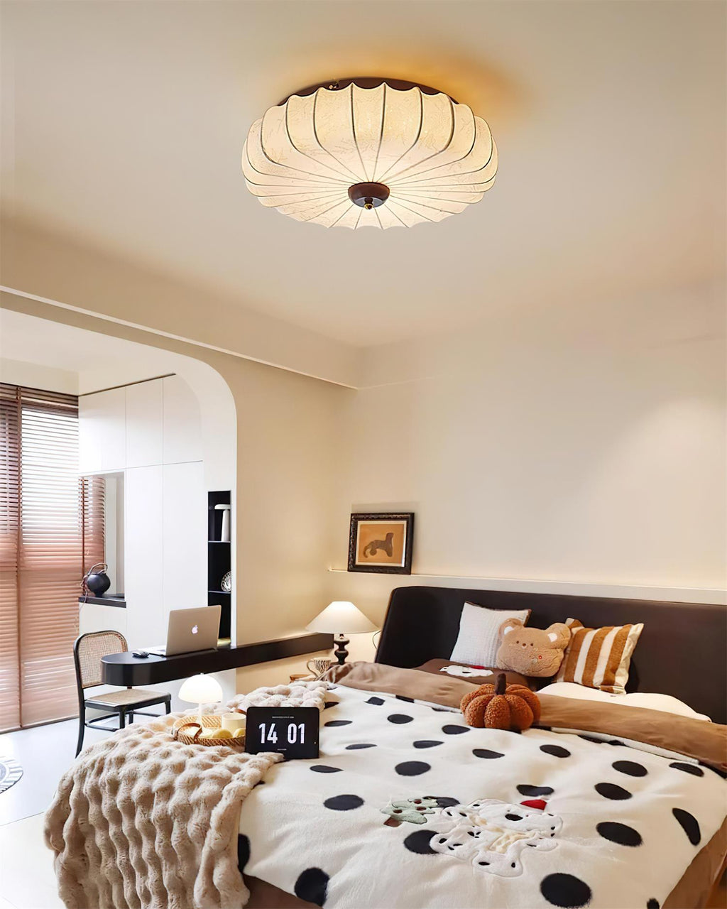 Plafonnier Tissu Ombre Plissé Lotus Forme Bois Baldaquin - Neutralighting