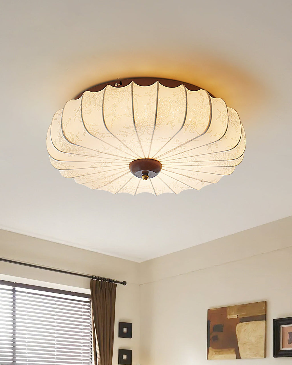 Plafonnier Tissu Ombre Plissé Lotus Forme Bois Baldaquin - Neutralighting