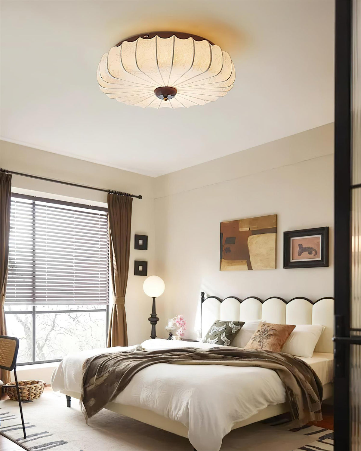 Plafonnier Tissu Ombre Plissé Lotus Forme Bois Baldaquin - Neutralighting