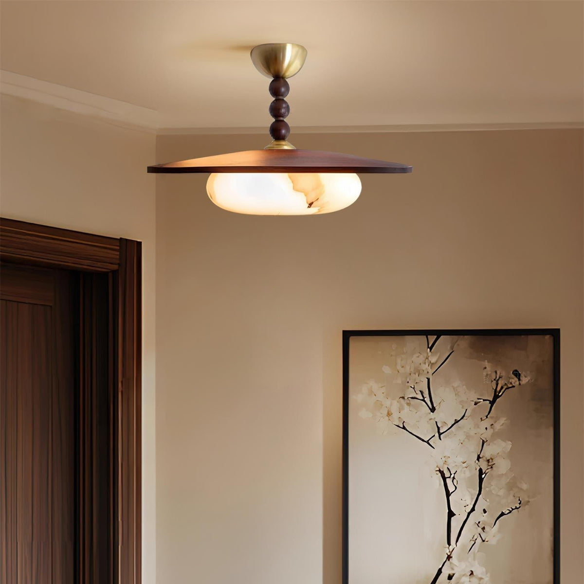 Yeste Plafonnier couleur noyer et imitation albâtre blanche - Neutralighting