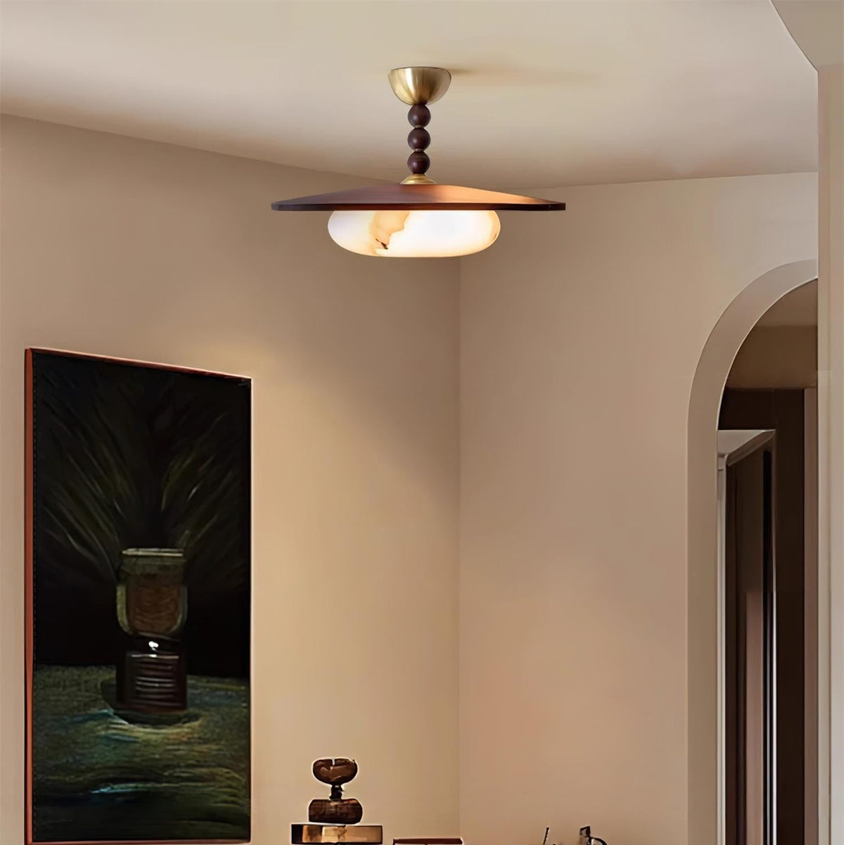 Yeste Plafonnier couleur noyer et imitation albâtre blanche - Neutralighting