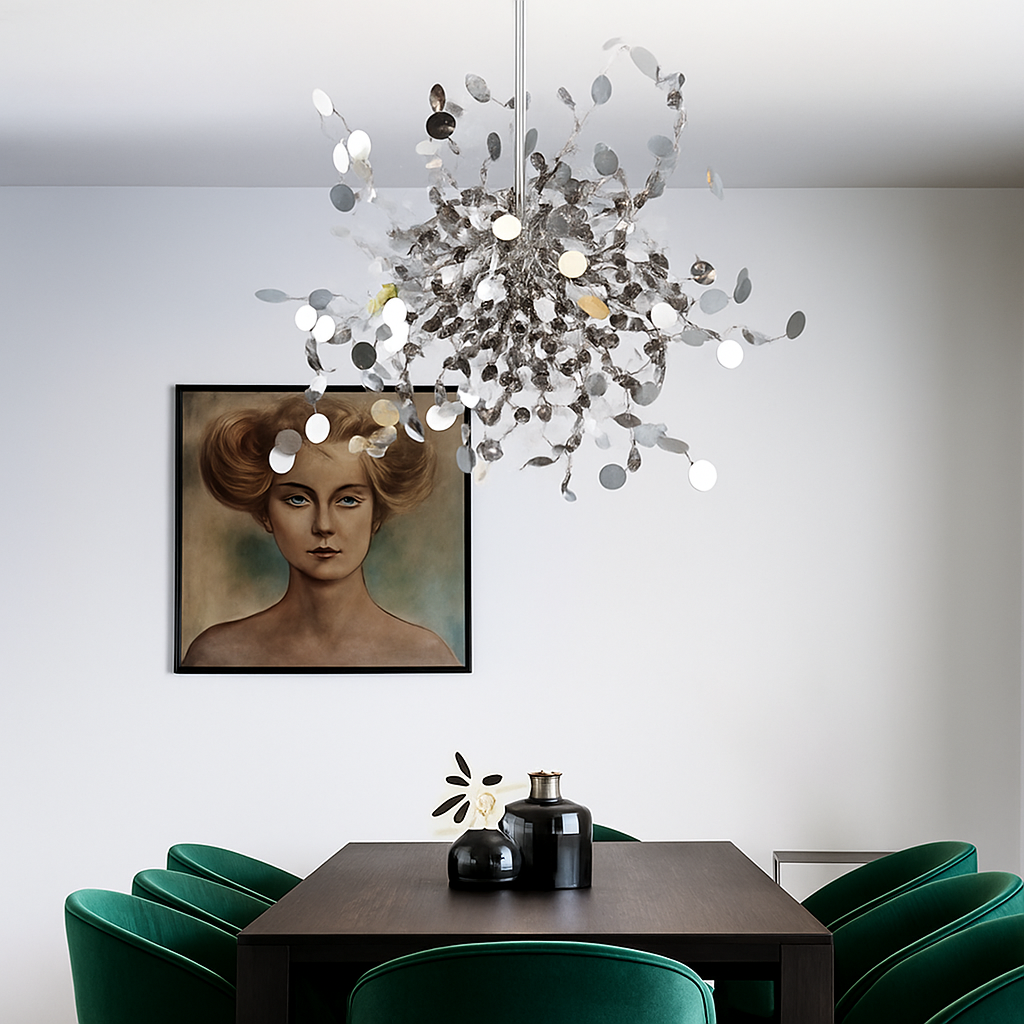 Lustre design chromé arbre à feuilles rondes