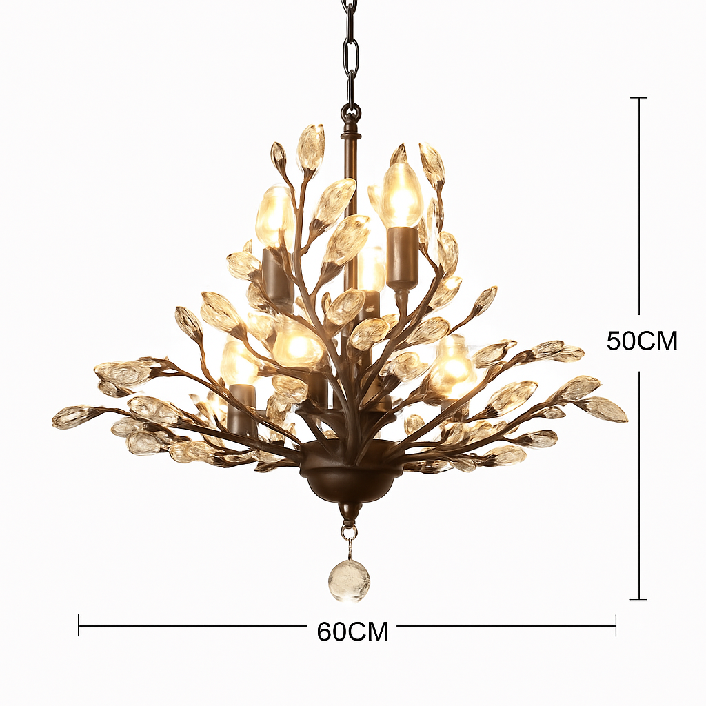 Lustre LED en cristal doré à feuilles